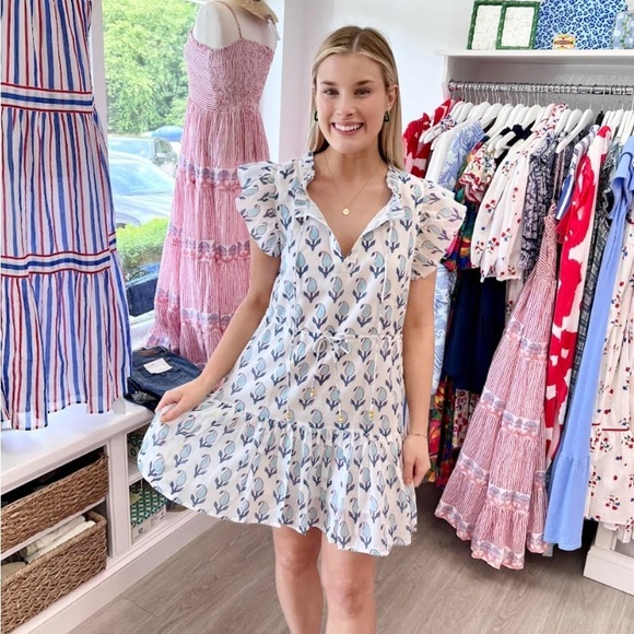 NWT Oliphant Cinched Flirty Short Dress in Blue Tulip Floral Print, Large - Picture 1 of 3